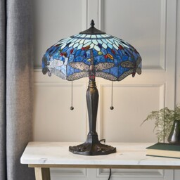 Dragonfly 2 Light Medium Table Lamp Dark Bronze, Blue, Tiffany Style Glass, E27 - thumbnail 2