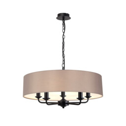 Banyan 5 Light Multi Arm Pendant With 60cm x 15cm Faux Silk Fabric Shade Matt Black/Grey