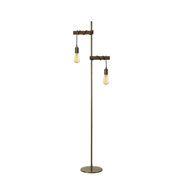Hampton Floor Lamp, 2 Light E27, Medium Oak, Antique Brass - image 1
