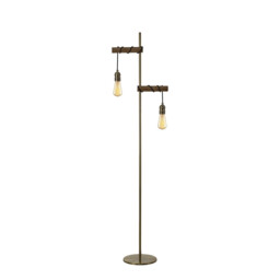 Hampton Floor Lamp, 2 Light E27, Medium Oak, Antique Brass - thumbnail 1