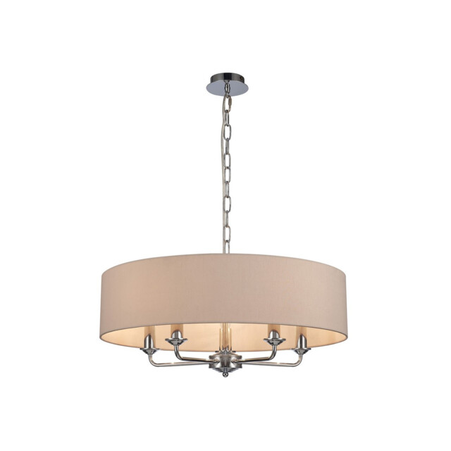 Banyan 5 Light Multi Arm Pendant, E14 Polished Chrome With 60cm x 15cm Dual Faux Silk Shade, Nude Beige/Moonlight - image 1