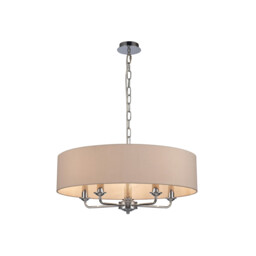 Banyan 5 Light Multi Arm Pendant, E14 Polished Chrome With 60cm x 15cm Dual Faux Silk Shade, Nude Beige/Moonlight