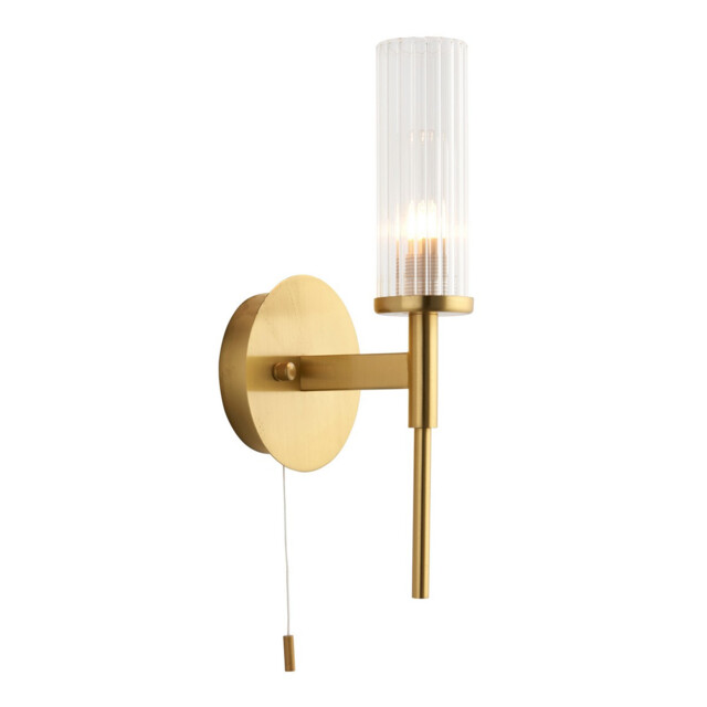 Talo Bathroom Metal Wall Lamp, Satin Brass Plate, Ribbed Glass, IP44 - image 1