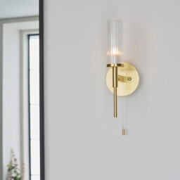 Talo Bathroom Metal Wall Lamp, Satin Brass Plate, Ribbed Glass, IP44 - thumbnail 2