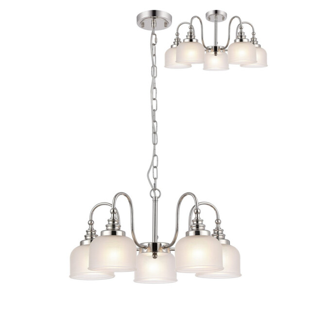 DeRuyter 57cm Semi Flush/Pendant, 5 Light E27, Polished Nickel/Frosted Glass - image 1