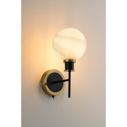 Placid Switched Wall Light, 1 Light E14 With 15cm Round White & Grey Marble Effect Glass Shade, Brass & Satin Black Framework - thumbnail 3