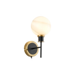 Placid Switched Wall Light, 1 Light E14 With 15cm Round White & Grey Marble Effect Glass Shade, Brass & Satin Black Framework - thumbnail 1