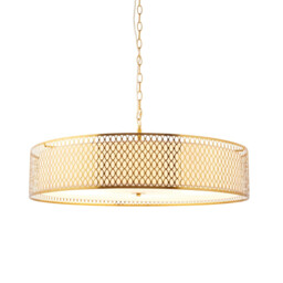 Cordero Cylindrical Pendant Ceiling Light Gold Effect Plate, White Fabric & Frosted Glass 5x E27