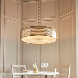 Cordero Cylindrical Pendant Ceiling Light Gold Effect Plate, White Fabric & Frosted Glass 5x E27 - thumbnail 3