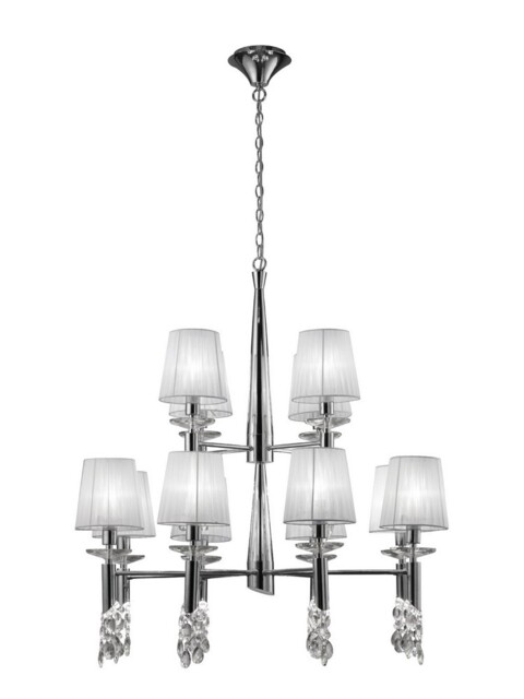 Tiffany Ceiling Pendant 2 Tier 12+12 Light E14+G9, Polished Chrome with White Shades & Clear Crystal - image 1