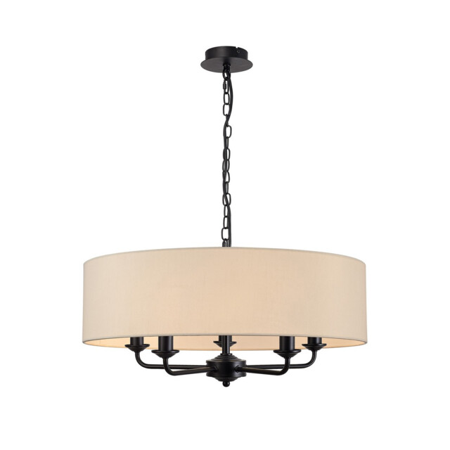 Banyan 5 Light Multi Arm Pendant With 60cm x 15cm Faux Silk Fabric Shade Matt Black/Ivory Pearl - image 1