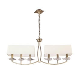 Akira Linear Pendant 2 Arm 6 Light E14, Antique Brass With Cream Shades
