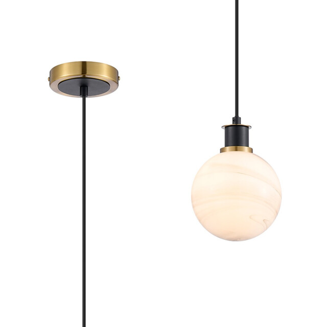 Plattsburgh 1.3m Pendant, 1 Light E14 IP44 With 15cm Round White & Grey Marble Effect Glass Shade, Brass & Satin Black Framework - image 1