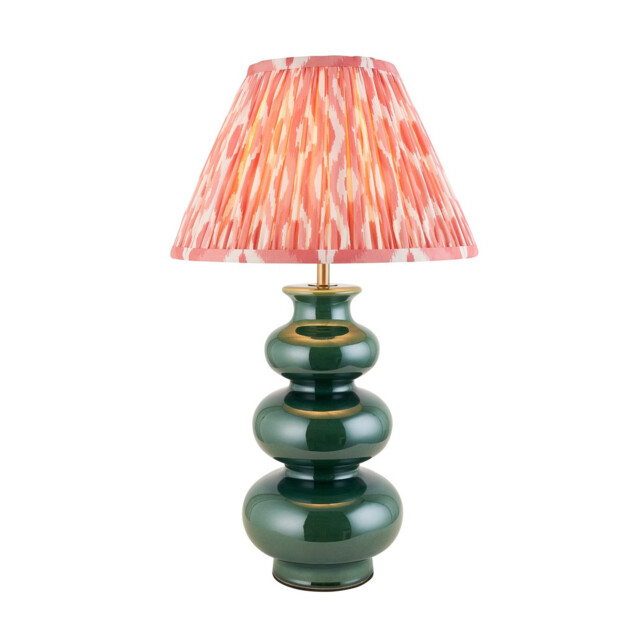 Monroe Gloss Green Glaze Table Lamp with Coral Pink Fabric Ikat Shade 30cm B22 - image 1
