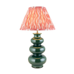 Monroe Gloss Green Glaze Table Lamp with Coral Pink Fabric Ikat Shade 30cm B22