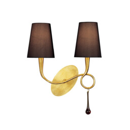Paola Wall Lamp Switched 2 Light E14, Gold Painted With Black Shades & Amber Glass Droplets