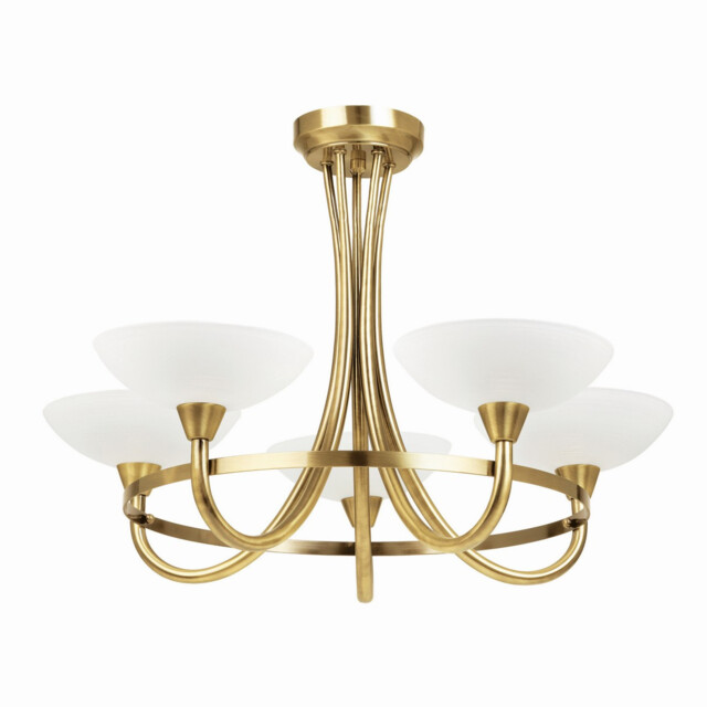 Cagney 5 Light Semi Flush Multi Arm Ceiling Light Antique Brass, White Glass, G9 - image 1