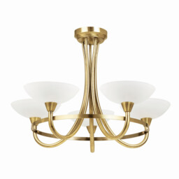 Cagney 5 Light Semi Flush Multi Arm Ceiling Light Antique Brass, White Glass, G9