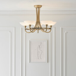 Cagney 5 Light Semi Flush Multi Arm Ceiling Light Antique Brass, White Glass, G9 - thumbnail 2