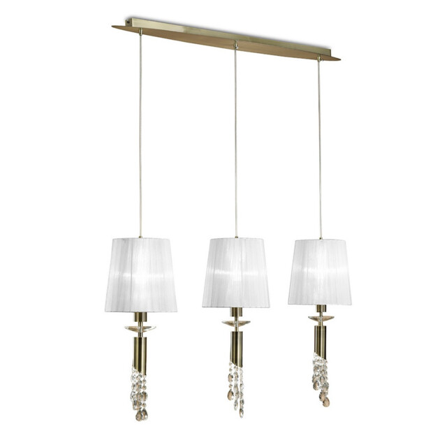 Tiffany Linear Pendant 3+3 Light E27+G9 Line, Antique Brass With White Shades & Clear Crystal - image 1