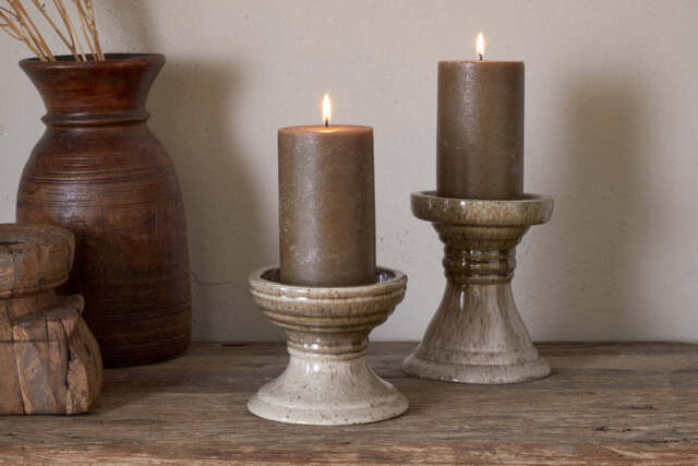 nkuku Cabra Reactive Glaze Candle Holder - Candles Holders & Lanterns - Large - Olive & Natural