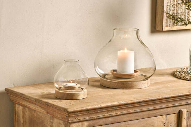 nkuku Naryla Mango Wood Lantern - Candles Holders & Lanterns - Large - Mango Wood & Glass