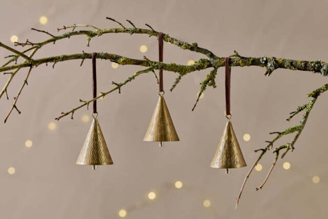 nkuku Manya Metal Bell Baubles Set Of 3 - Christmas Decorations - Brass