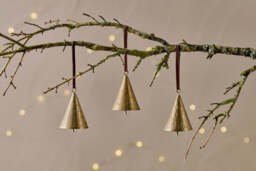 nkuku Manya Metal Bell Baubles Set Of 3 - Christmas Decorations - Brass