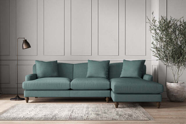 nkuku Deni Large Right Hand Chaise Sofa - Make To Order - Recycled Cotton Teal - Recycled Cotton Airforce