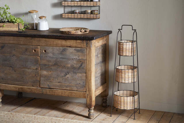 nkuku Montali Iron & Rattan Three-Tiered Storage Stand - Kitchen Storage & Utility - One Size - Natural