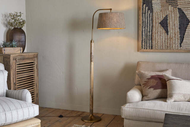 nkuku Kera Wood & Metal Floor Lamp - Lamps - One Size - Antique Brass & Natural