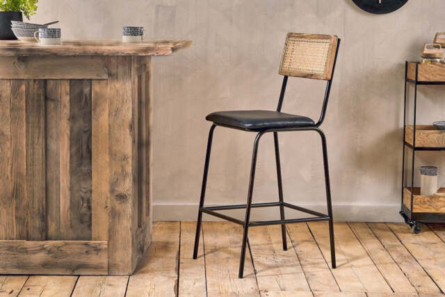 nkuku Iswa Leather & Cane Counter Dining Chair - Seating - One Size - Aged Black