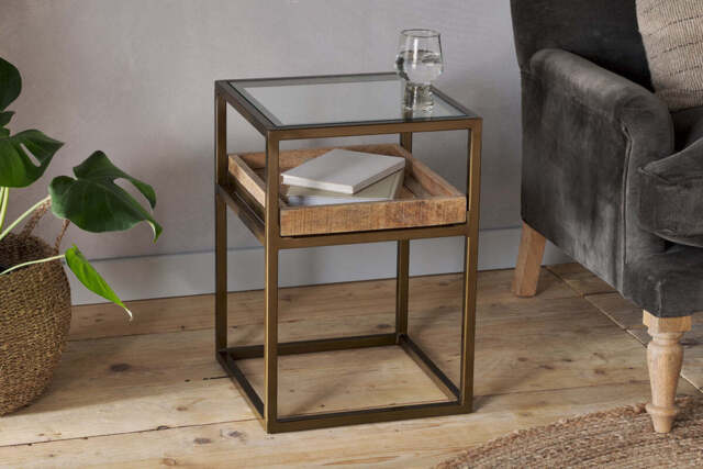 nkuku Luzon Iron & Mango Wood Display Side Table - Tables - One Size - Brass