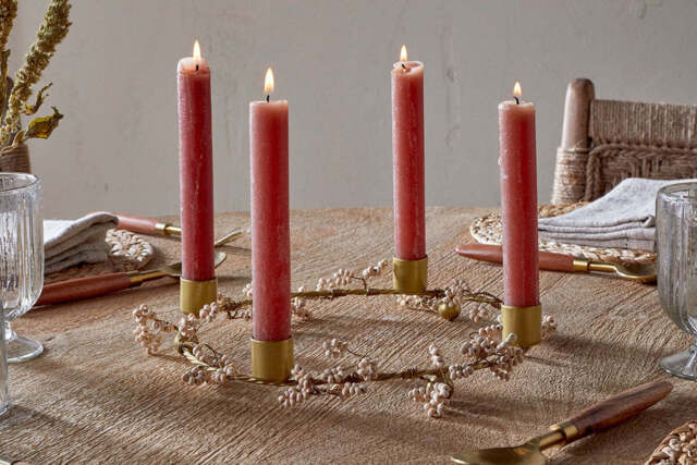 nkuku Tanu Mango Wood Beaded Candle Holder - Christmas Decorations - One Size - Brass & Natural