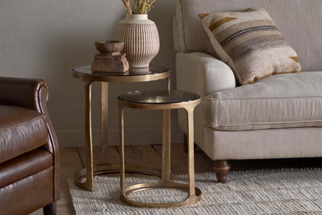 nkuku Khidki Cast Metal & Glass Nesting Side Tables Set Of 2 - Tables - Antique Brass
