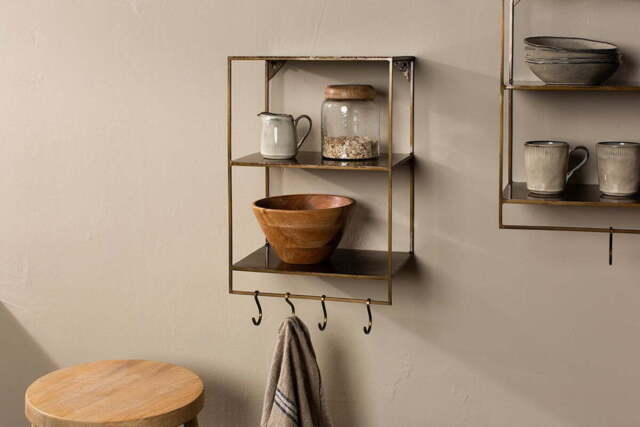 nkuku Meghana Iron Shelf With Hooks - Storage Furniture - Brass - Narrow