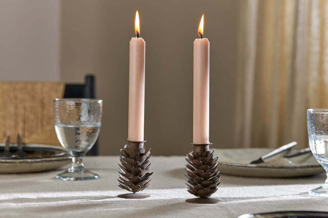 nkuku Elagalu Pine Cone Candle Stick Set Of 2 - Christmas Decorations - Aged Brass