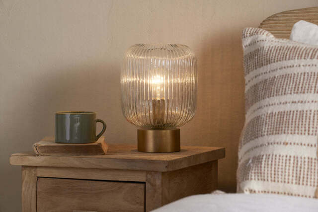 nkuku Rizal Fluted Glass Bedside Table Lamp - Lamps - One Size - Antique Brass & Clear