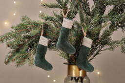 nkuku Karru Cotton Velvet Mini Stocking Set Of 3 - Christmas Decorations - Forest Green