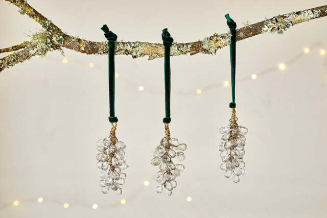 nkuku Danvi Glass Drop Baubles Set Of 3 - Christmas Decorations - Brass/Clear