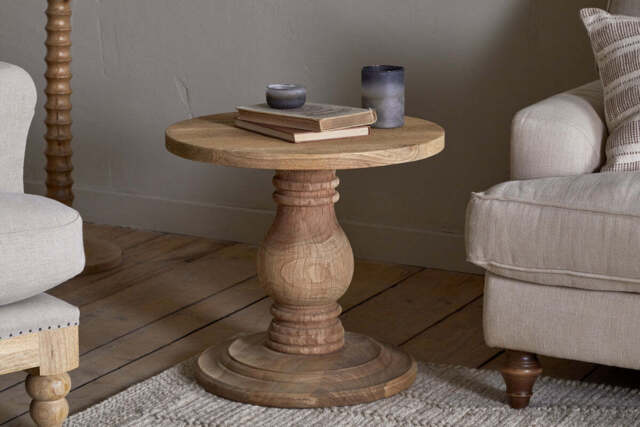 nkuku Laya Round Carved Side Table - Tables - One Size - Natural