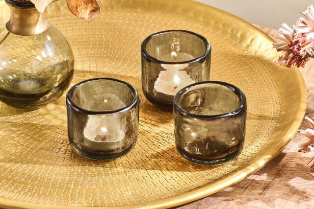 nkuku Irda Glass Small Tealight Set Of 3 - Candles Holders & Lanterns - Smoke Brown - Small ()