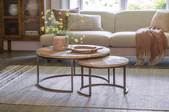 nkuku Aasha Carved Mango Wood & Iron Nesting Coffee Tables Set Of 2 - Tables - Natural