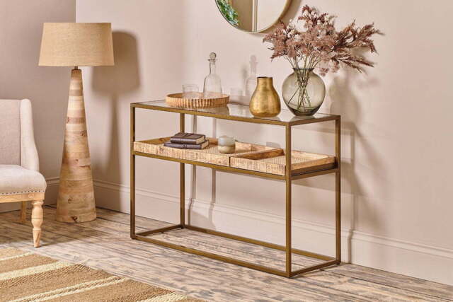 nkuku Luzon Iron & Mango Wood Display Console Table - Tables - One Size - Brass