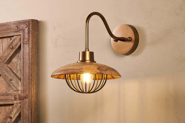 nkuku Chakai Mango Wood Wall Lamp - Lights - One Size - Natural & Antique Brass