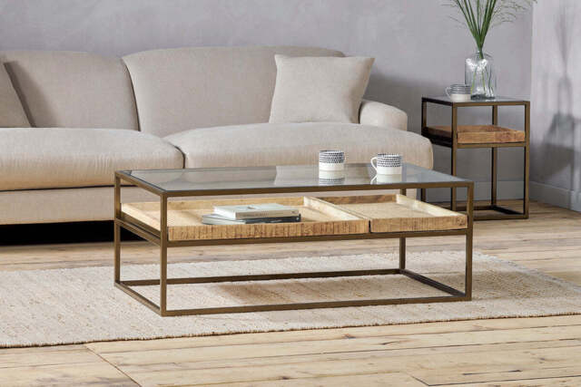 nkuku Luzon Iron & Mango Wood Display Coffee Table - Tables - One Size - Brass