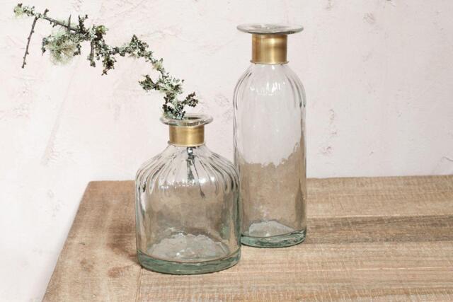 nkuku Chara Hammered Bottle - Vases & Planters - Small - Antique Brass & Clear Glass