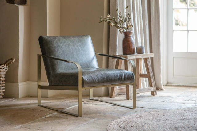 nkuku Adra Leather & Brass Occasional Dining Chair - Seating - One Size - Moss Green