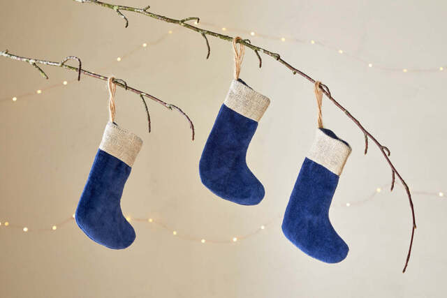 nkuku Karru Cotton Velvet Mini Stockings Set Of 3 - Christmas Decorations - Indigo