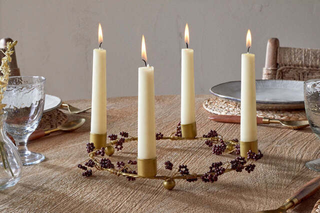 nkuku Tanu Mango Wood Beaded Candle Holder - Christmas Decorations - One Size - Brass & Ruby